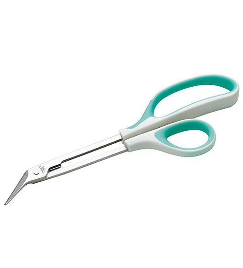 Peta tånagelsax med långa silverblad och ergonomiska vita/turkosa handtag, sedd ovanifrån