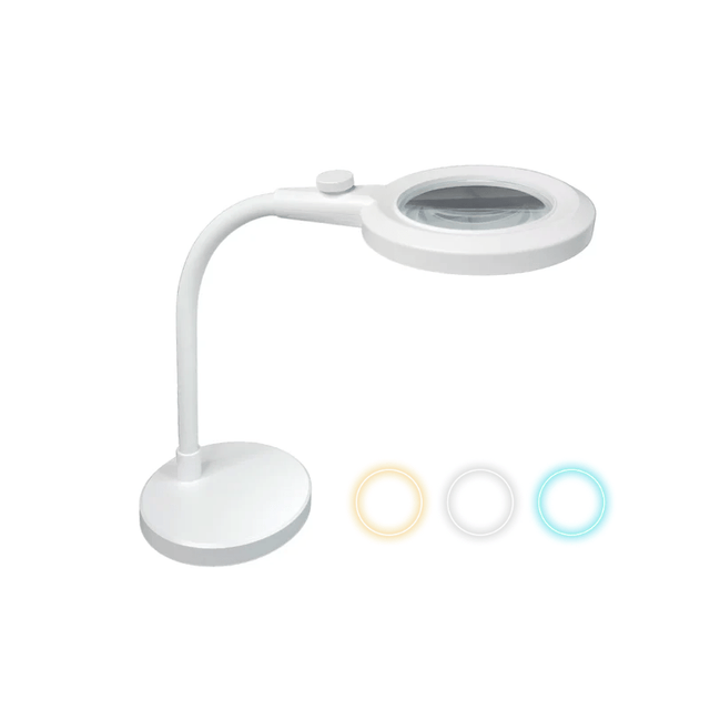 Hvid bordlup med fleksibel arm og LED-lys, der viser de tre justerbare farvetemperaturer
