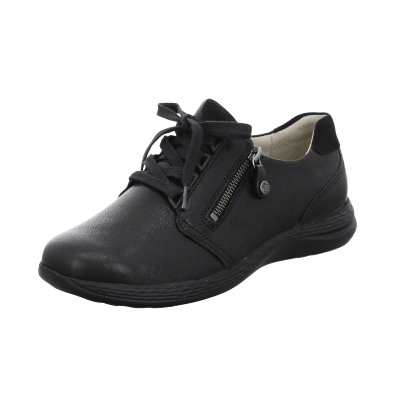 Svart Fidelio damsneaker i läder, snett framifrån, med snörning och dragkedja