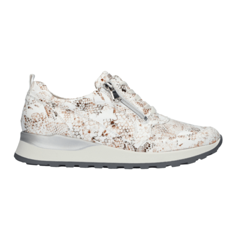 Waldläufer ljus damsneaker med ormskinnsmönster, snörning och dragkedja på sidan