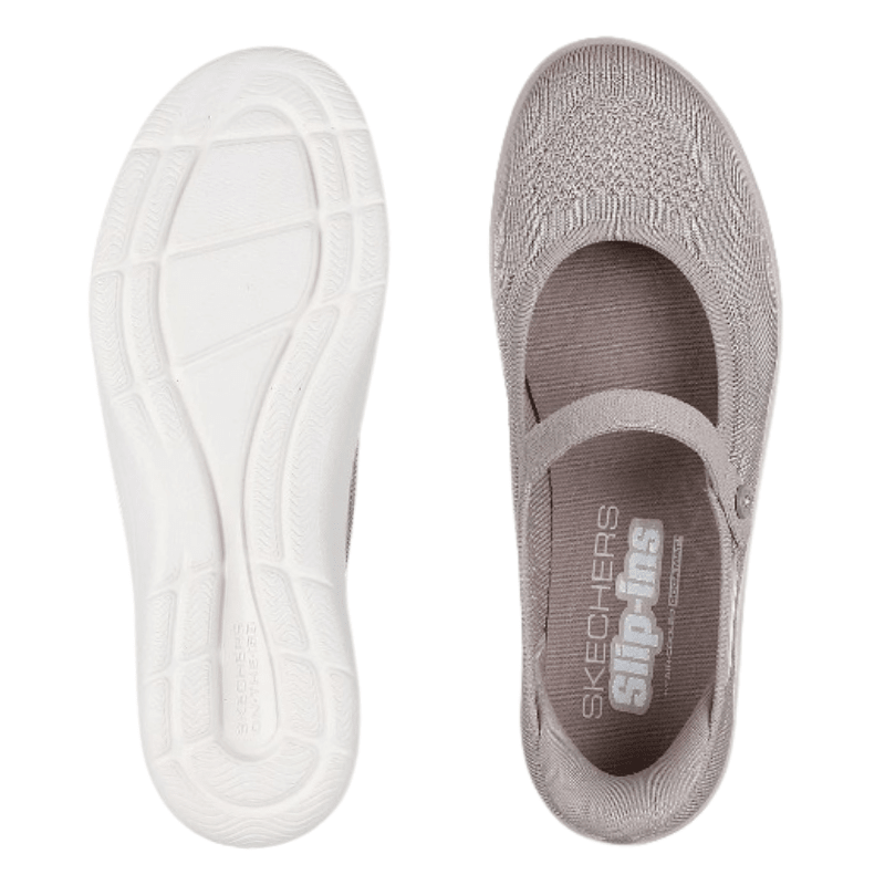 Skechers slip-in ballerinasko för damer i naturfärg, sedd ovanifrån med synlig innersula och yttersula