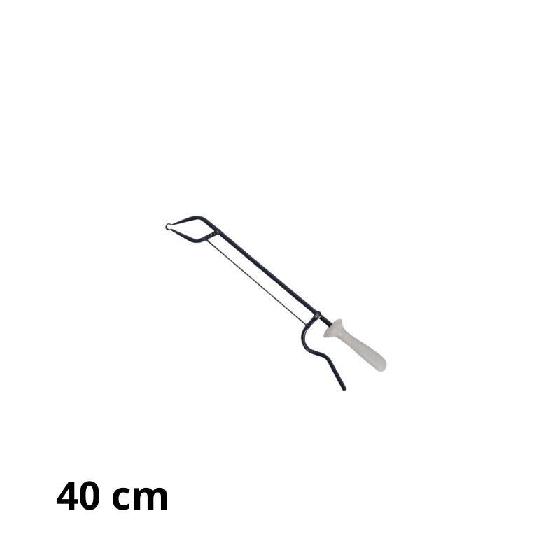 En kort grå passiv griptång med vitt handtag, sedd snett uppifrån mot vit bakgrund