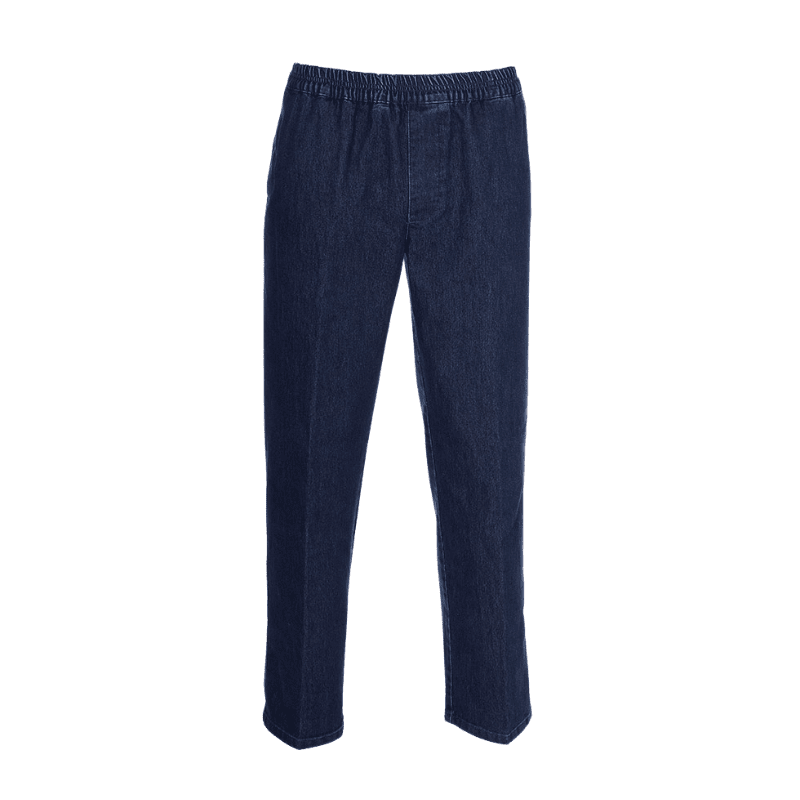 Mörkblå jeans med resår i midjan, sedda rakt framifrån på vit bakgrund