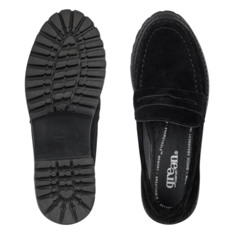 Två Green Comfort damloafers sedda uppifrån, en med räfflad yttersula och en med EnergySole™ innersula