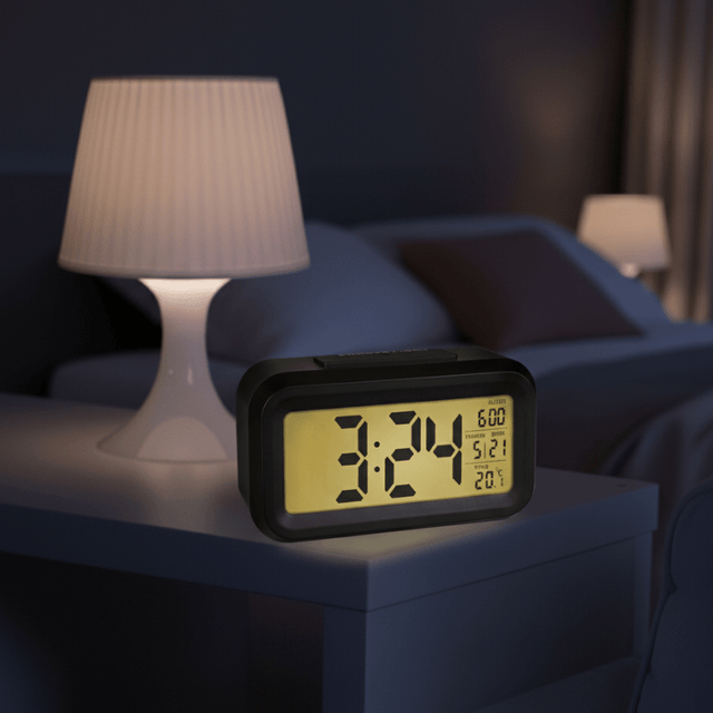 Det sorte vækkeur med blidt natlys på et natbord i et mørkt soveværelse ved siden af en lampe