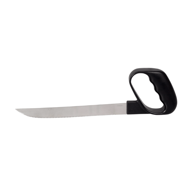 Ergonomisk brödkniv med svart stängt handtag och vågig egg, sedd från sidan på vit bakgrund