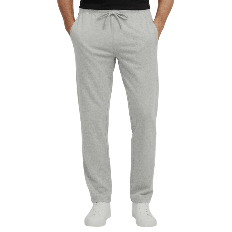 Grå sweatpants sedda framifrån, med dragsko i midjan och sidfickor med dragkedja