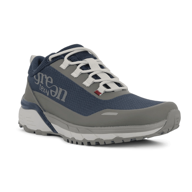Blå och grå Green Comfort damsneaker för vandring, sedd snett framifrån med snörning