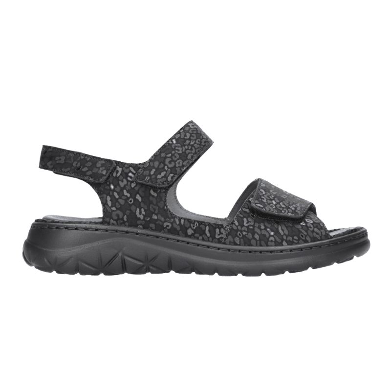 Svart Waldläufer damsandal i nubuck med leopardmönster och två kardborreband, sedd från sidan