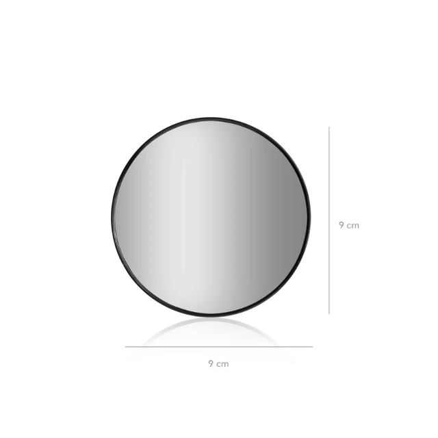 Liten rund förstoringsspegel med svart ram, 9 cm i diameter