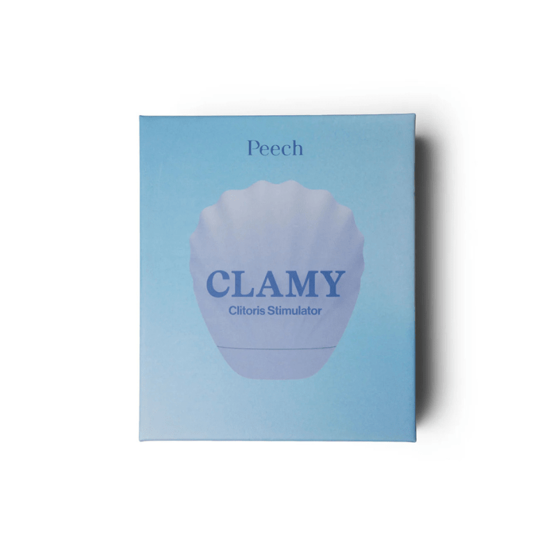 Förpackningen till Peech Clamy klitoris vibrator i ljusblått med produktnamn och bild på stimulatorn