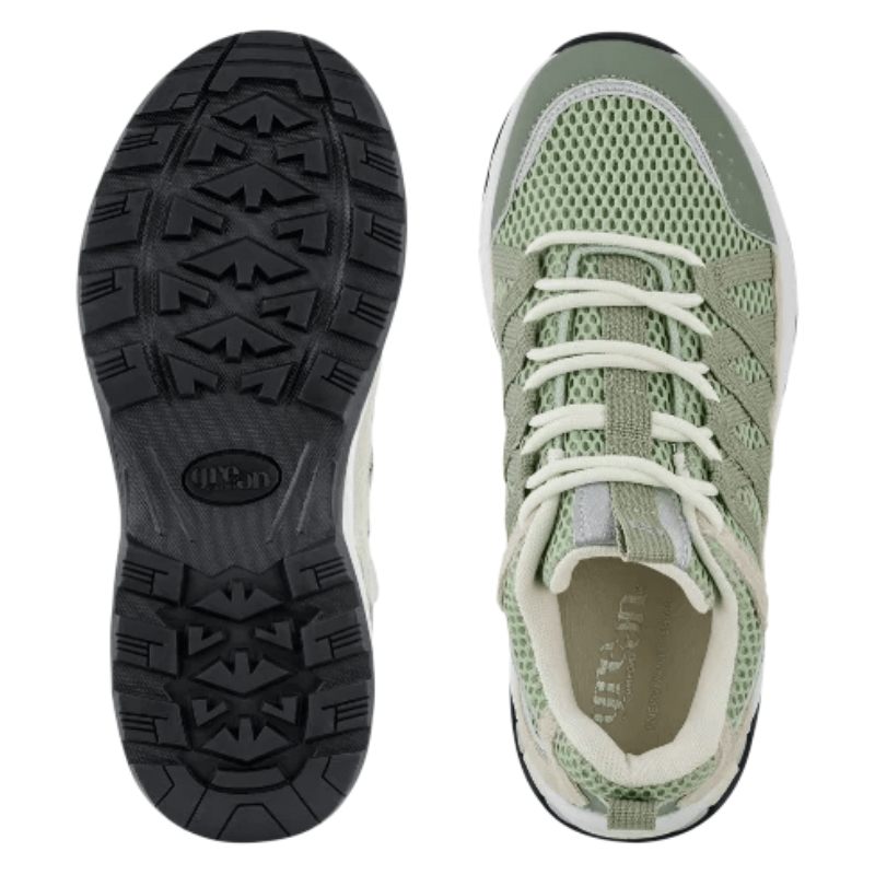 Green Comfort damsneaker med ovansida i mintgrön mesh och en detaljerad bild av den svarta halkhämmande sulan