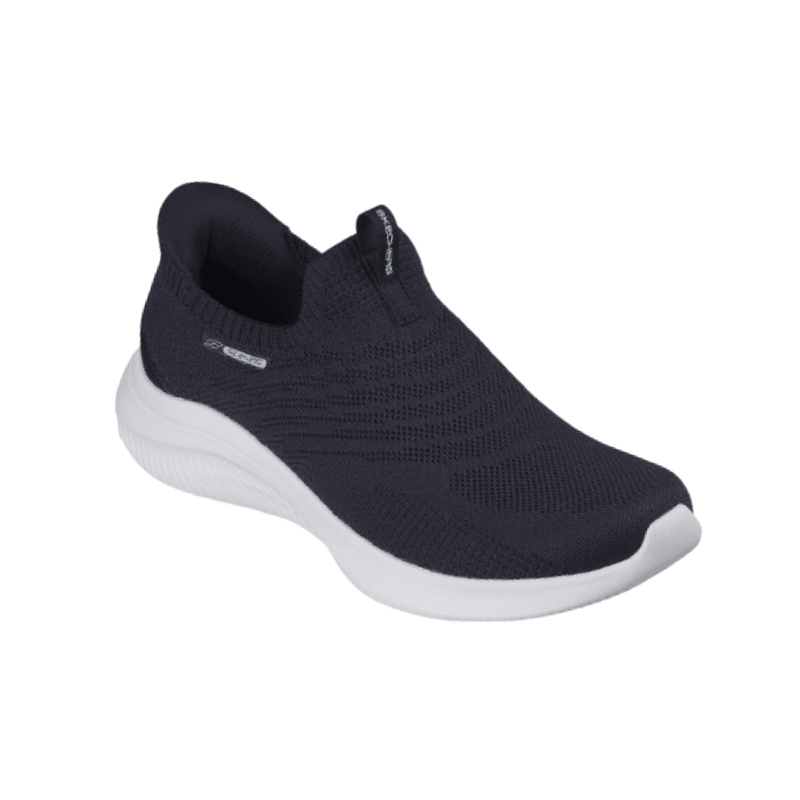 Mörkblå Skechers damsneaker sedd snett uppifrån, visar ovandelen och Skechers-loggan
