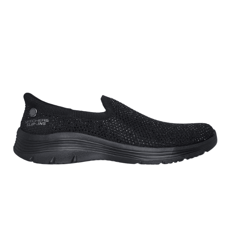 Svart Skechers slip-in damsko i stickat material med strassdetaljer, sedd från vänster sida