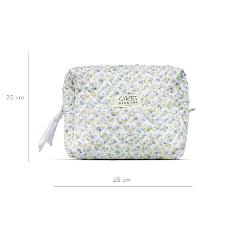 Vadderad necessär med blommigt mönster och måttangivelserna 25x22 cm synliga