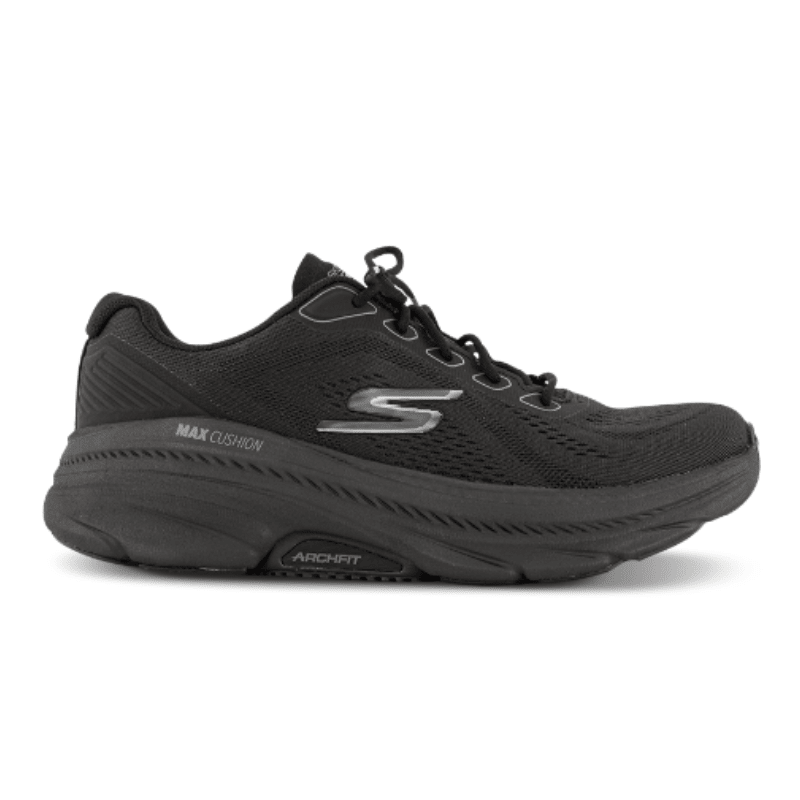 Svart Skechers stötabsorberande damsneaker med snörning, sedd från sidan med Skechers logotyp