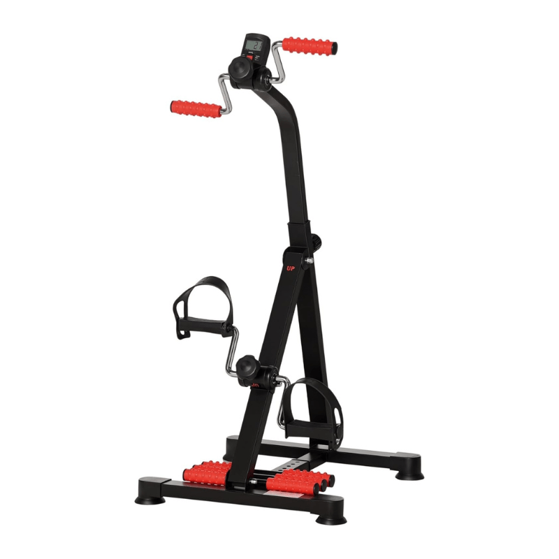 Svart pedaltränare för armar och ben med röda handtag och fotmassagerullar, sedd framifrån