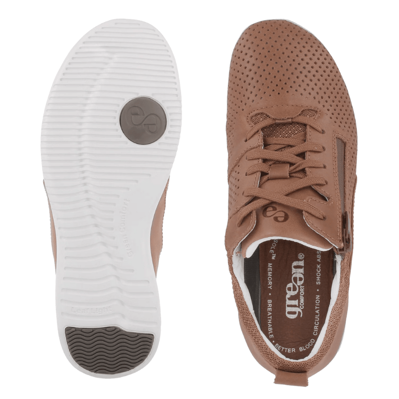 Green Comfort damsneaker med fokus på den mönstrade vita yttersulan och EnergySole innersulan uppifrån