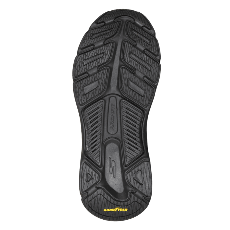 Undersidan av en svart Skechers herrsko, med detaljerat mönster på Goodyear-yttersulan och Arch Fit-logga