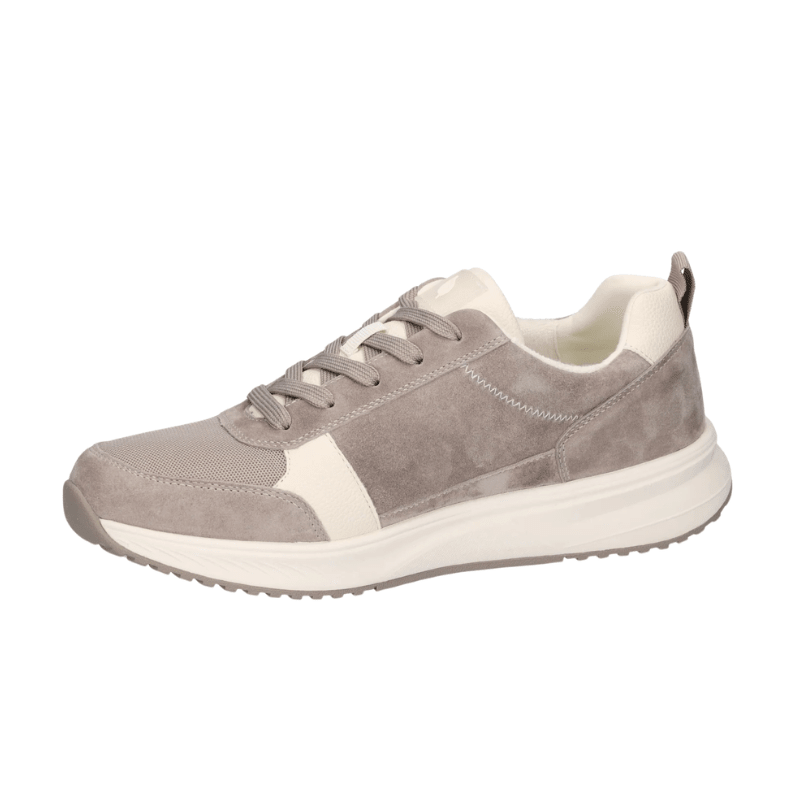 Waldläufer herrsneaker i sandfärg från sidan, med snörning och vita detaljer, i mocka och mesh