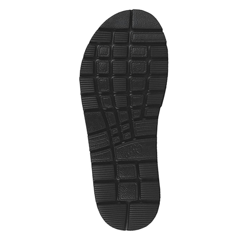 Närbild på den svarta räfflade yttersulan av EVA på New Feet damskon