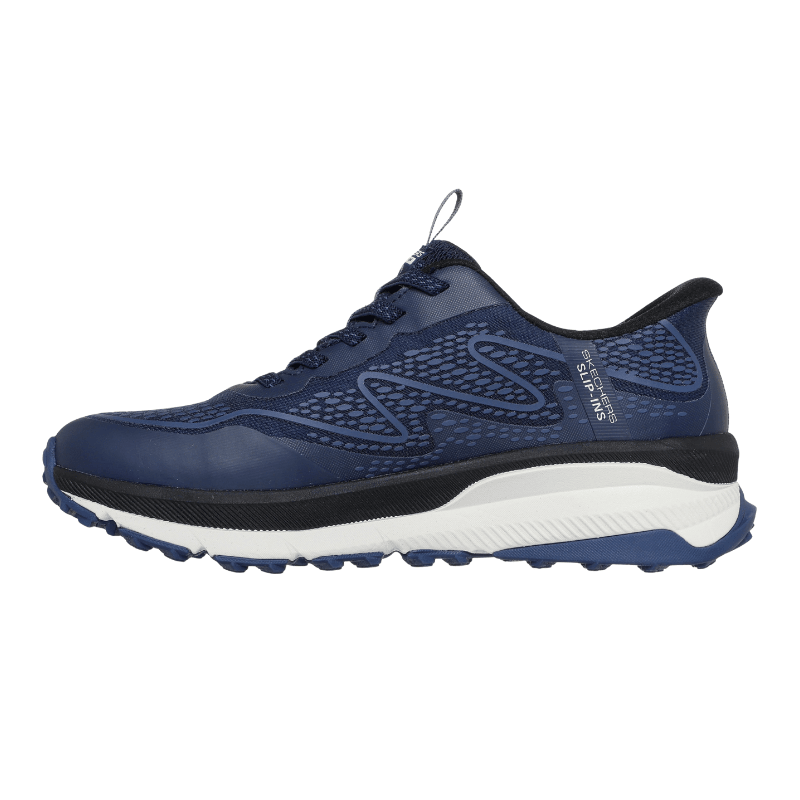 Blå Skechers slip-in damsneaker i mesh och syntetmaterial, sedd från höger sida med elastiska snören