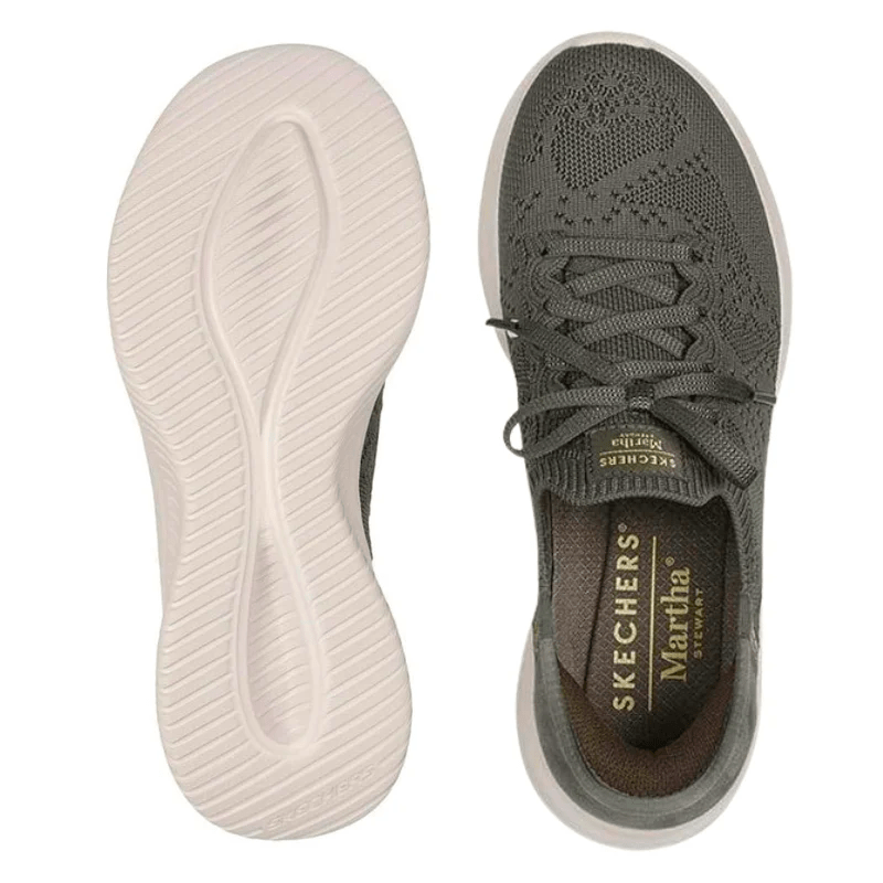 Skechers slip-in damsneaker i olivgrönt, en sedd uppifrån och en med undersidan av sulan