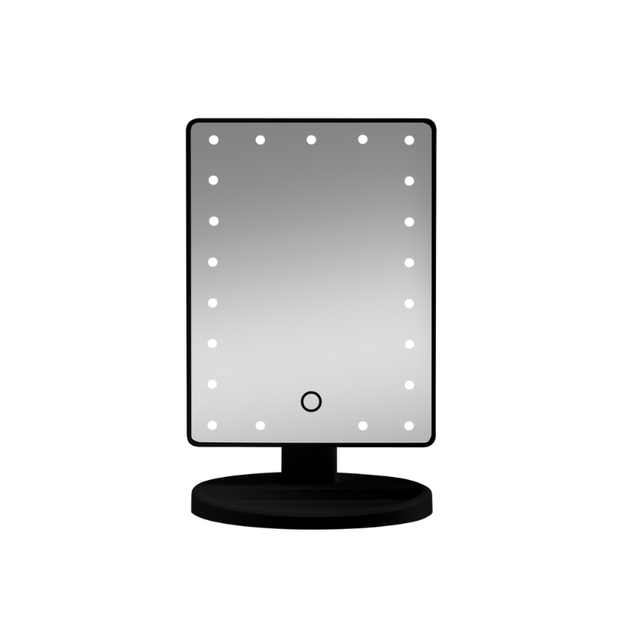 Sort makeup-spejl med lys forfra, med 21 LED-lys og touch-knap på spejlfladen, stående på en rund fod