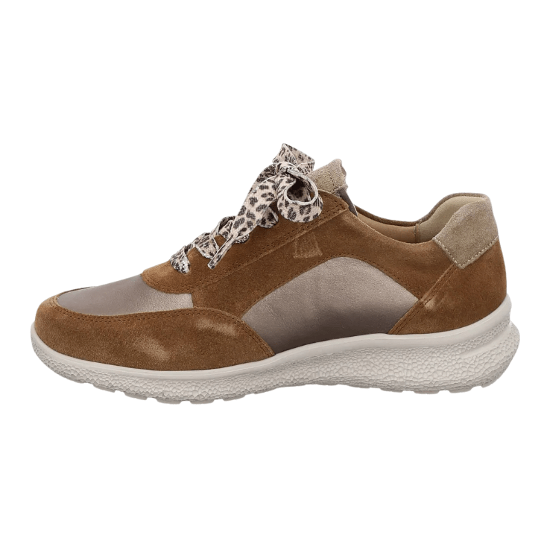 Hartjes damsneaker i brunt och brons med leopardmönstrade skosnören, sedd från vänster sida