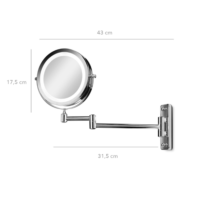 Væghængt makeup-spejl i krom med tændt LED-lys, vist med dimensioner for spejl og arm