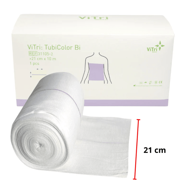 Hvid rulle tubebandage til overkrop, 21 cm bred, med produktæske og illustration