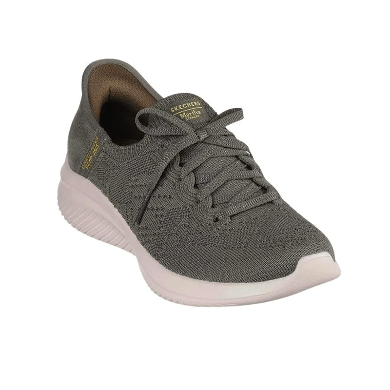 Olivgrön Skechers damsneaker med slip-in funktion sedd snett framifrån, med snören och stickat mönster