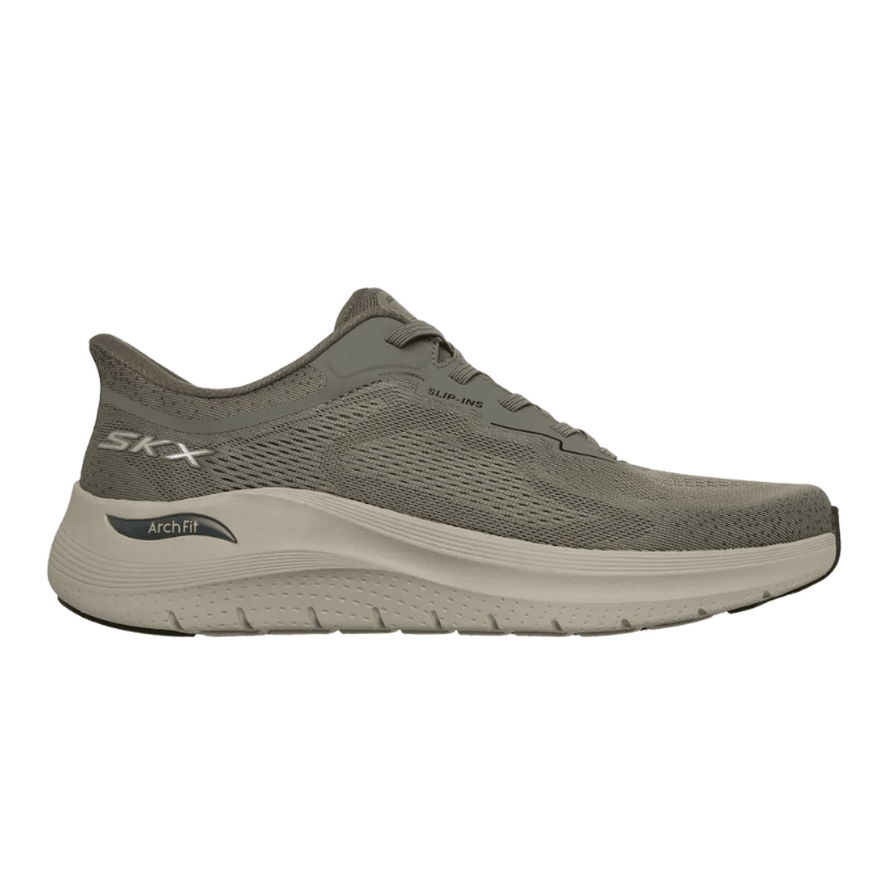 Olivgrön Skechers herrsko med mesh-ovandel och ljusbeige sula, sedd från sidan med Arch Fit-logga