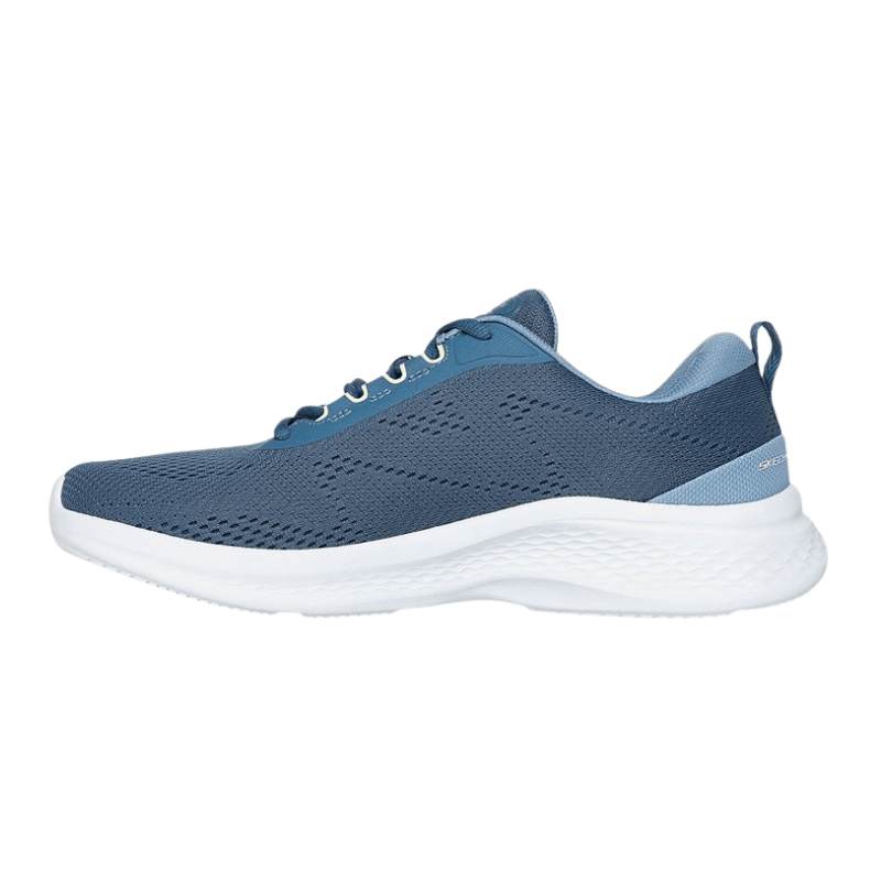 Skechers lättviktssneaker för herrar i blå mesh med snörning och flexibel vit sula, sedd från sidan
