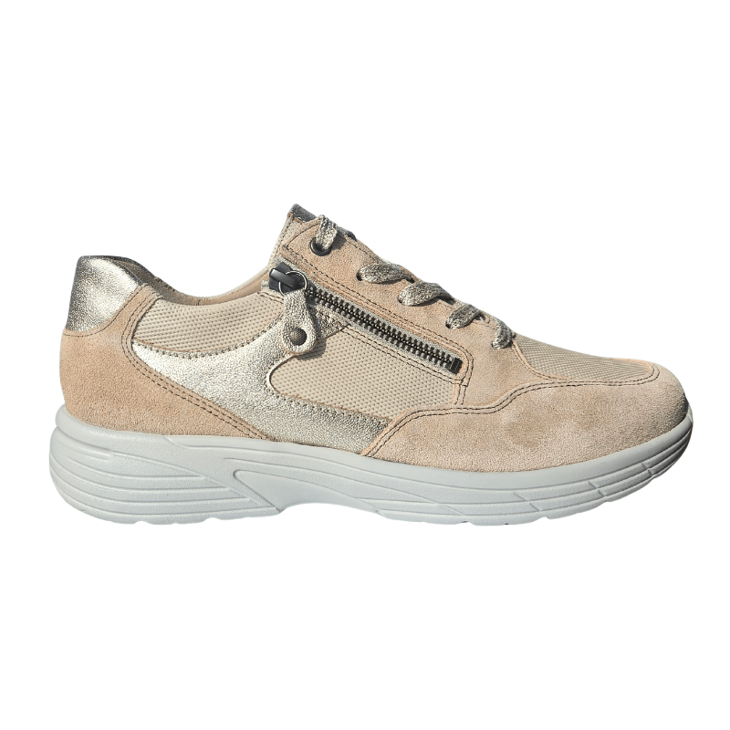 Hartjes damsneaker i beige mocka och mesh med snörning och dragkedja, sedd från sidan