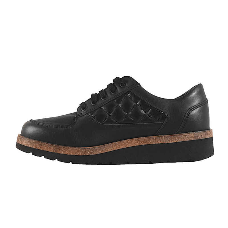 Svart New Feet damsko i skinn, sedd från andra sidan, med snörning och quiltad panel