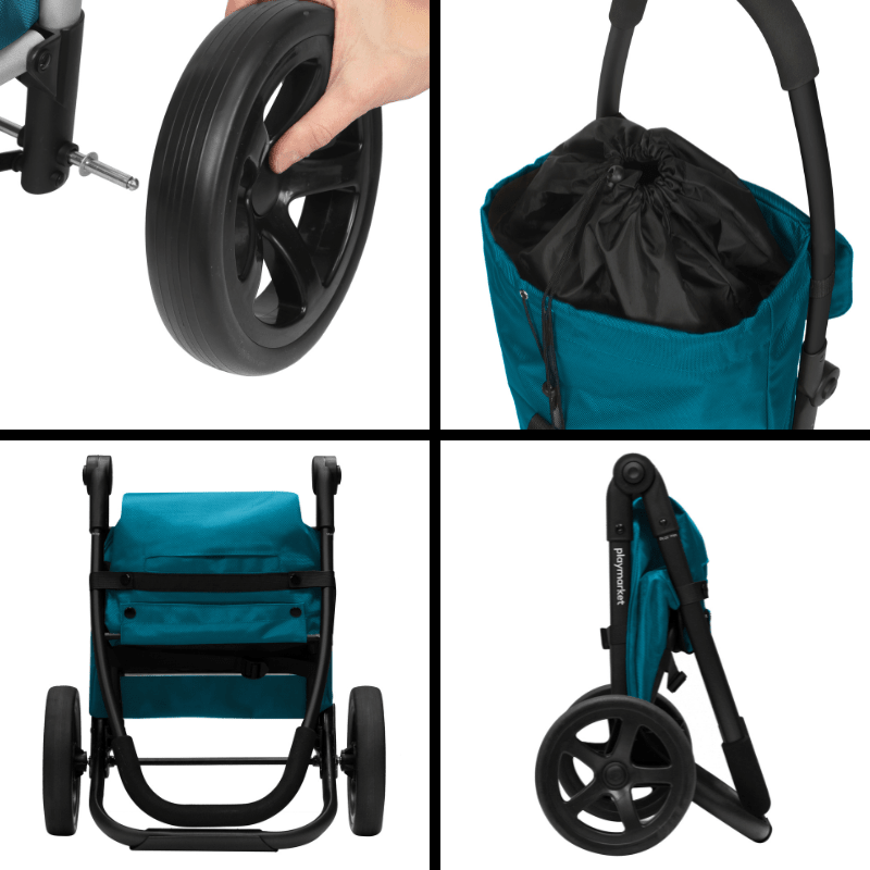 Detaljbilder av Go Two Compact dramatenväska: montering av hjul, öppen väska, hopfälld framifrån och från sidan