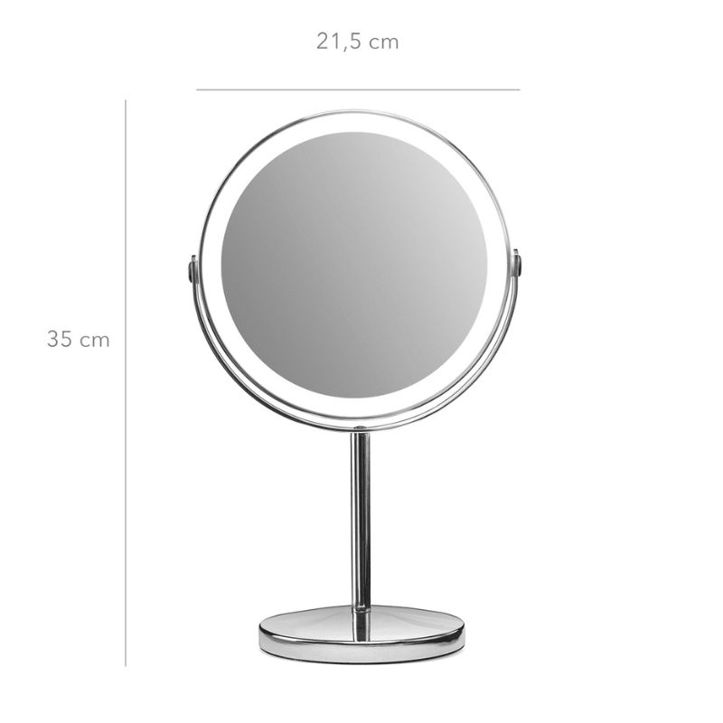 Sminkspegel med LED-ljus, framifrån, visar spegelns höjd på 35 cm och bredd på 21,5 cm