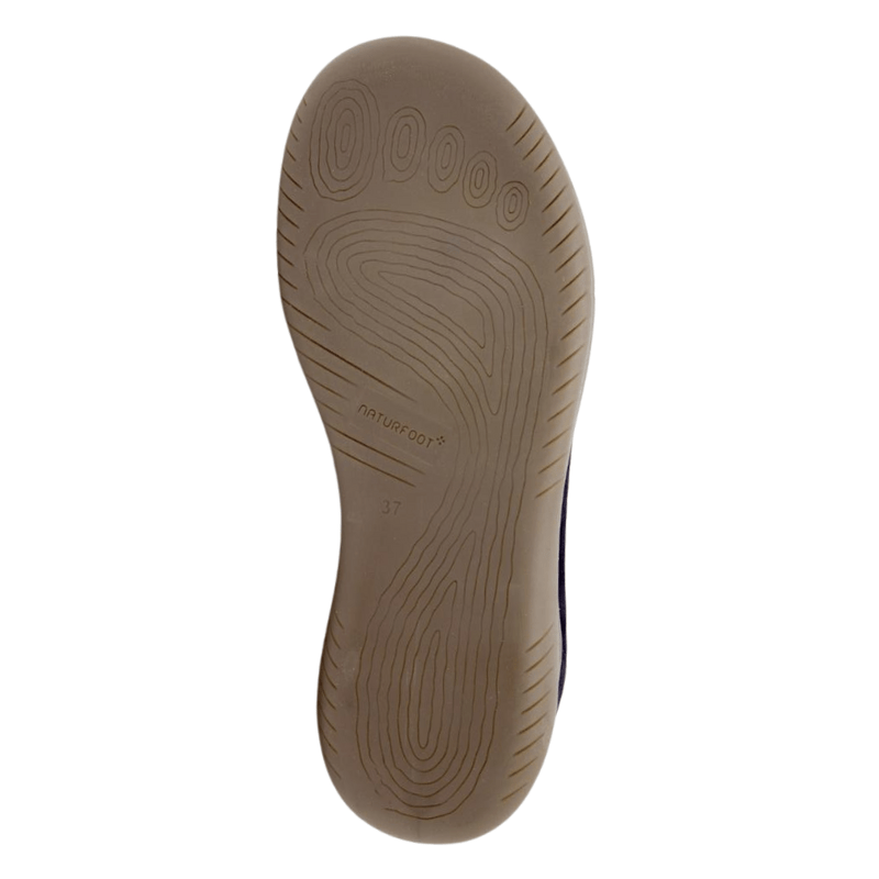 Naturfoot damsneaker, undersidan av den ljusbruna sulan med halkfritt mönster och logotyp