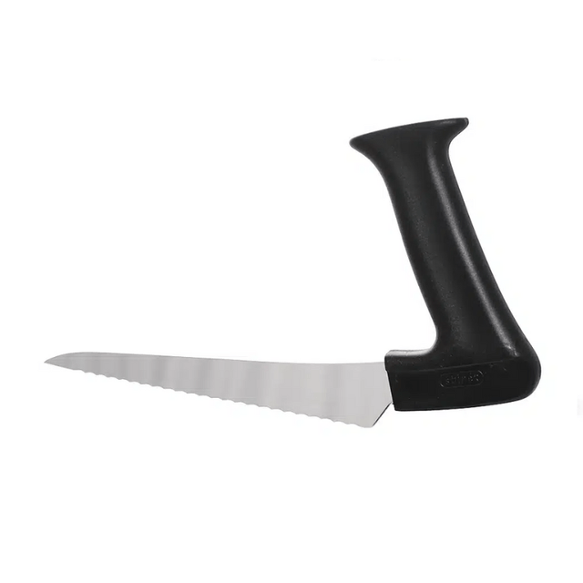 Svart ergonomisk universalkniv med vågigt blad och vinklat handtag, sedd från sidan