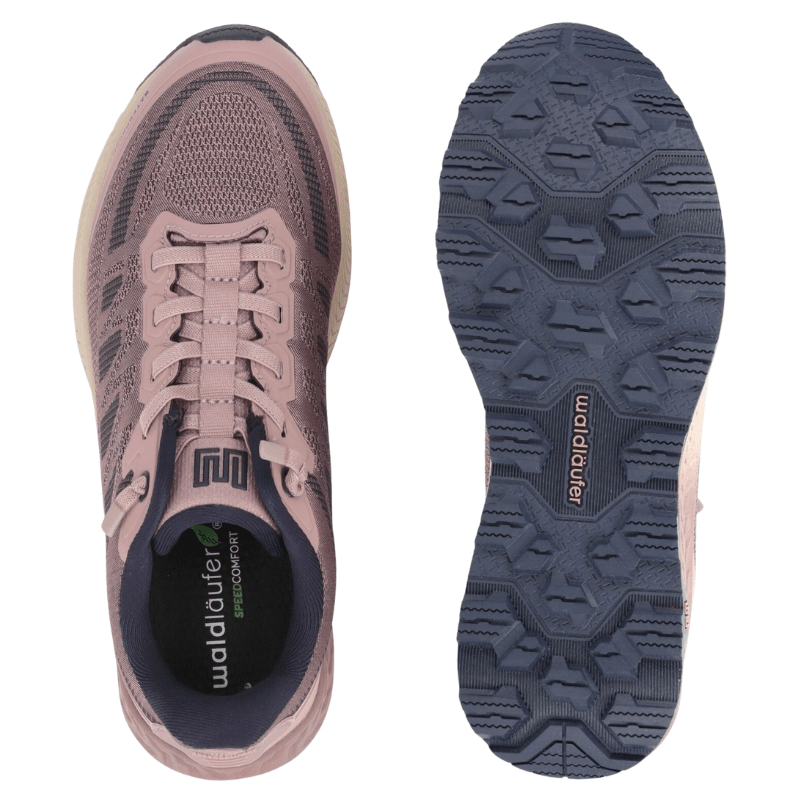 Rosa Waldläufer damsneaker sedd ovanifrån och en mörkblå yttersula med grovt mönster och Waldläufer-logga