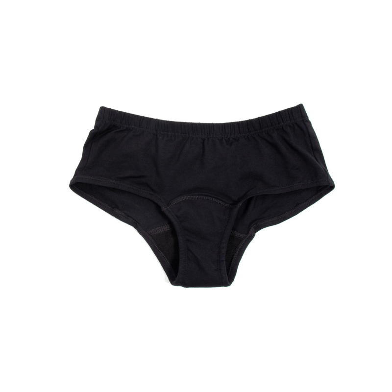 Sort Conni inkontinens hipster trusse, set forfra liggende fladt, der viser design og indlæg