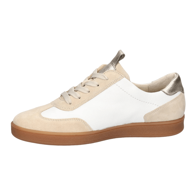 Beige Waldläufer damsneaker i mocka och läder med snörning och guldfärgad hälkappa, sedd från höger sida