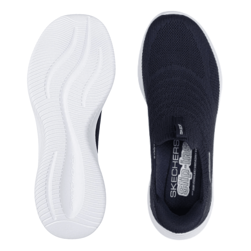 Två mörkblå Skechers damsneakers, en med vit mönstrad yttersula och en med innersula uppifrån