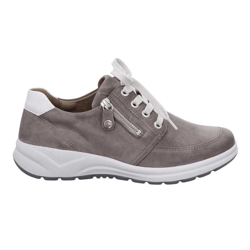 Fidelio damsneaker i sandfärgad nubuck med vita snören och praktisk dragkedja på sidan