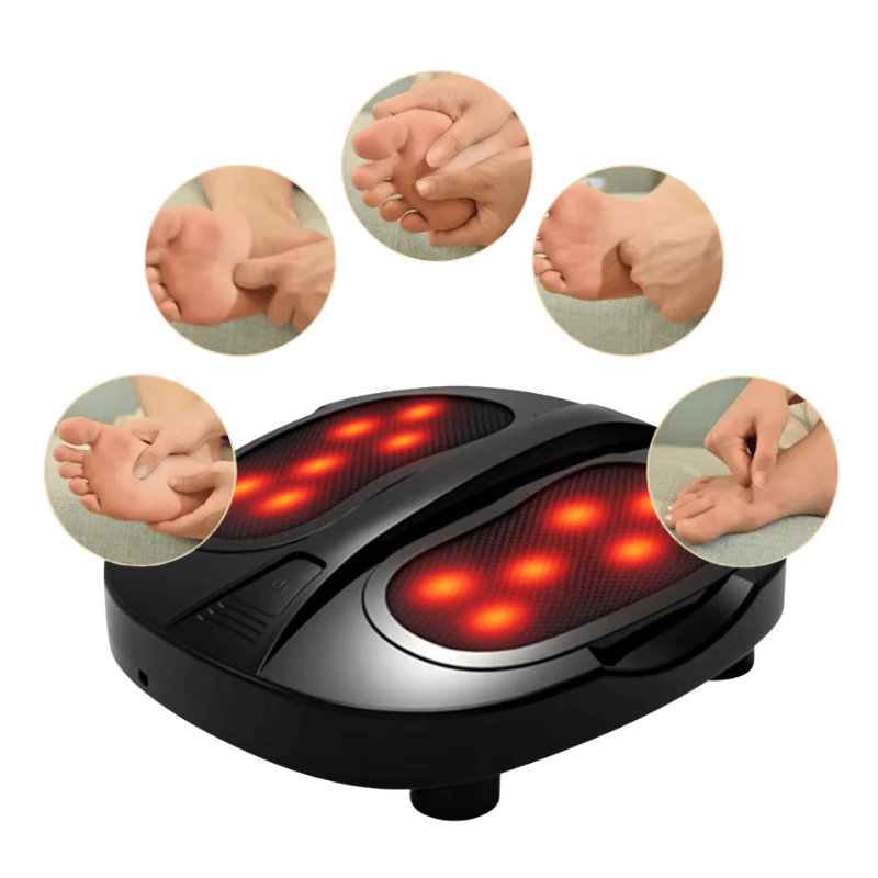 Elektrisk fotmassageapparat med infraröd värme och bilder som visar hur den lindrar ömma fötter