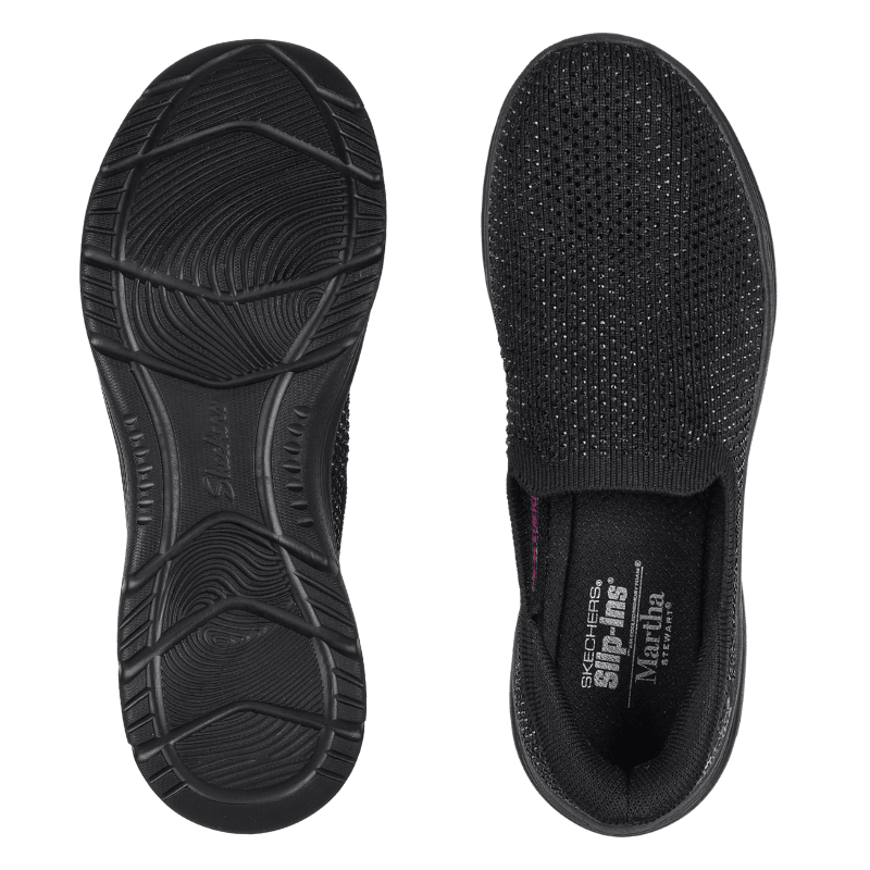 Svarta Skechers slip-in damskor sedda uppifrån, visar ovansidan med strass och den mönstrade yttersulan