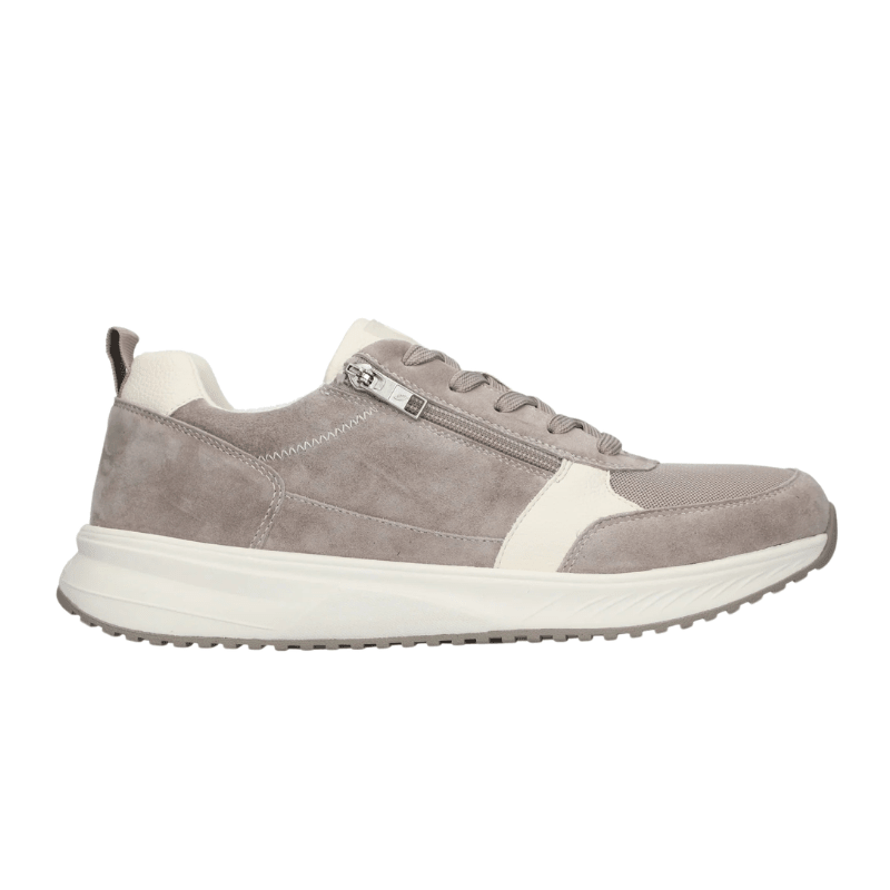 Waldläufer herrsneaker i sandfärg, sedd från sidan med snörning och dragkedja, i mocka och mesh