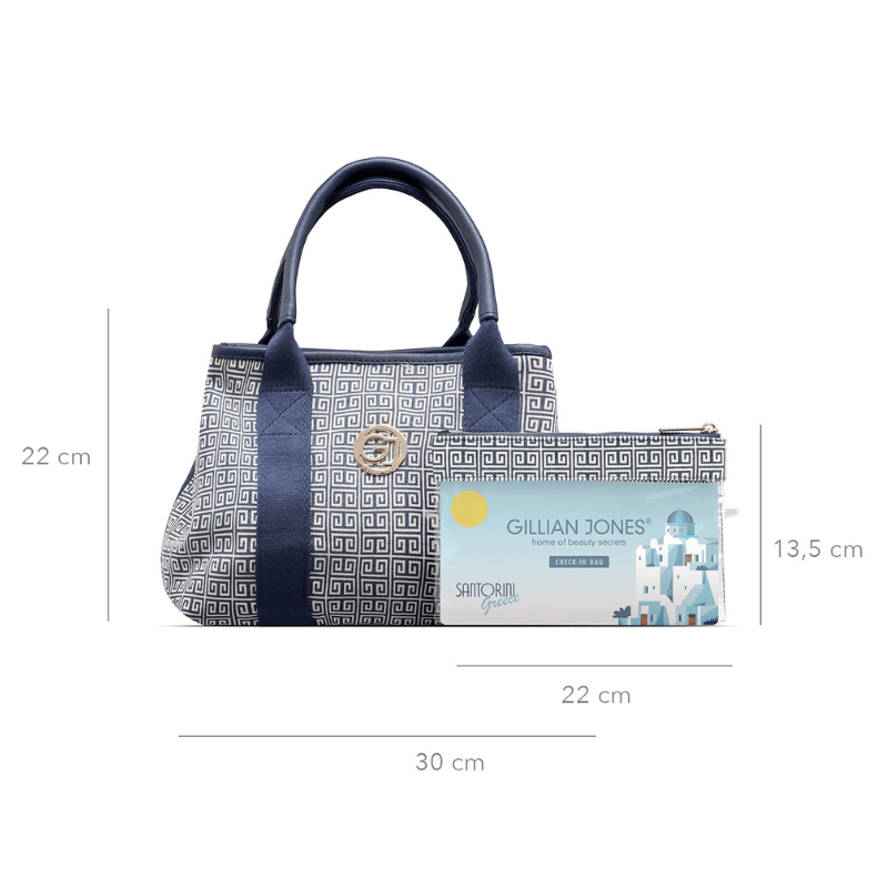 Mary necessär och check-in-bag i Santorini-mönster, med tydliga måttangivelser för 30x22x16 cm och 22x13,5 cm