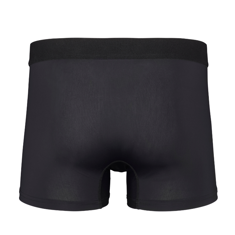 Svarta boxershorts för män med inkontinens i mikrofiber, sedda bakifrån med slät passform